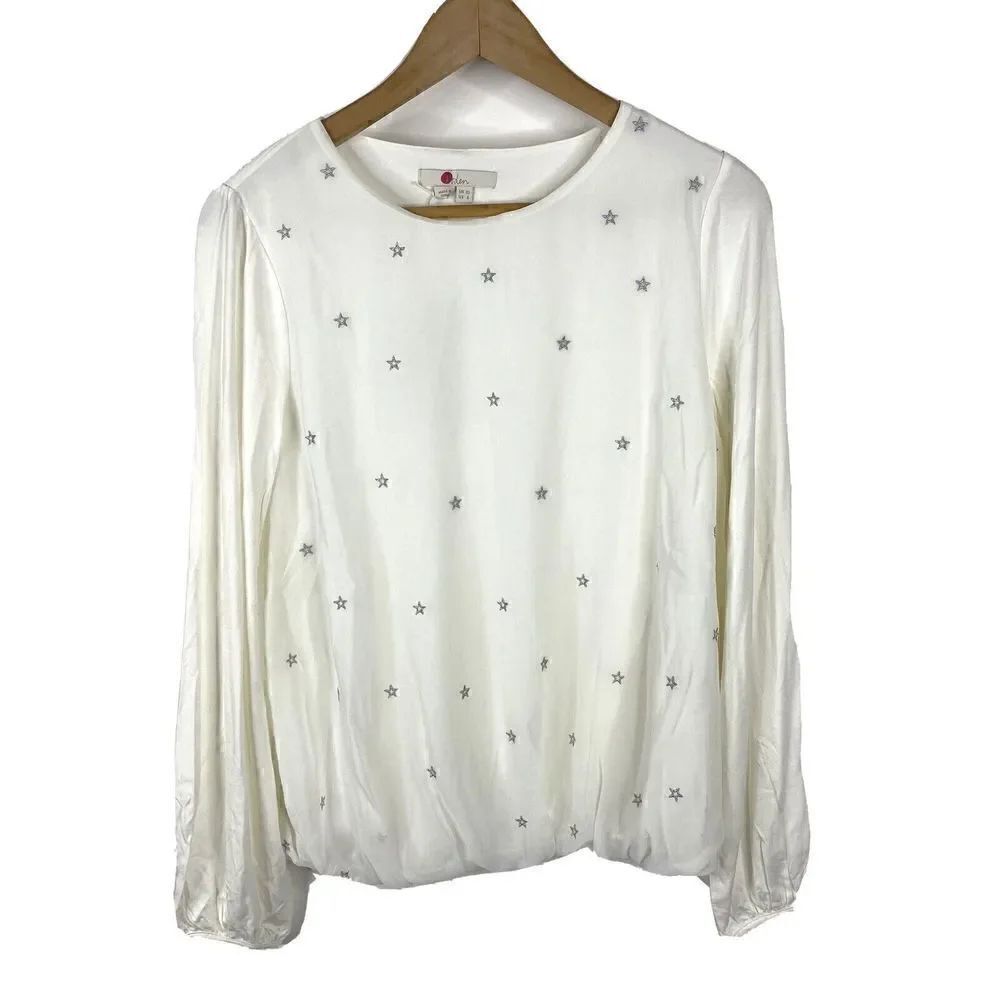Boden Top Size 6 Womens Ivory Tori Star Embroidered Shirt Long Sleeve Stretch